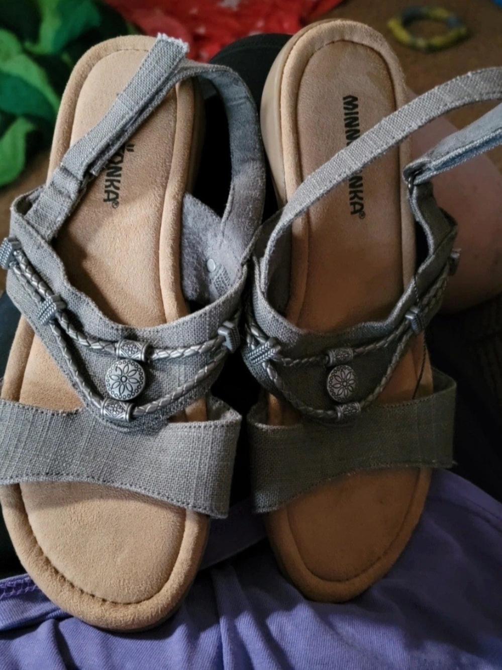 Minnetonka Gray Braided Concho Strap Sandals